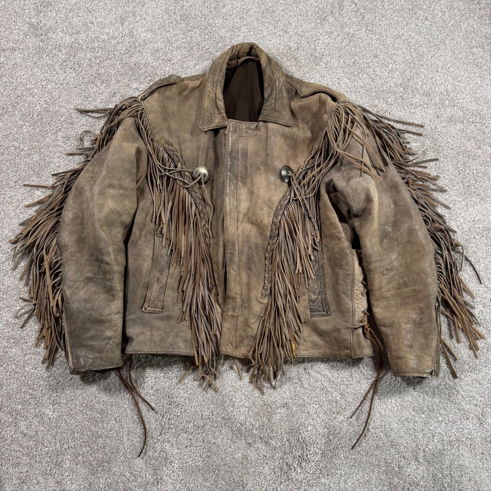 Vintage Brown Leather Fringe Motorcycle Jacket Western Biker Concho Distressed